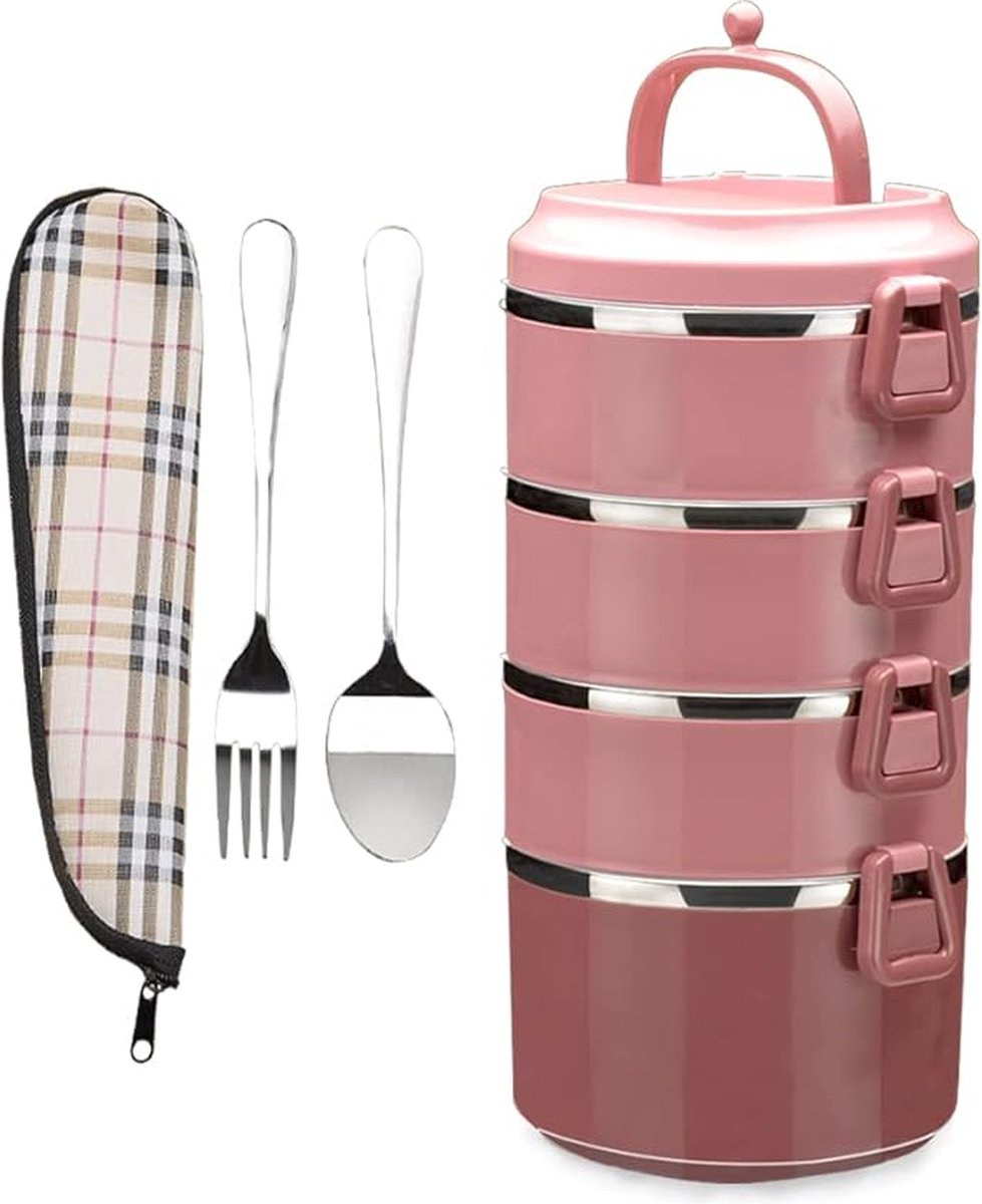 Roze 4 laags roestvrijstalen lunchbox, stapelbare, Meerlaagse met handvat, roze + 1 lepel en 1 vork