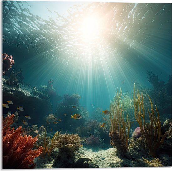 Acrylglas - Zee - Onderwater - Zon - Vissen - Koraal - 50x50 cm Foto op Acrylglas (Wanddecoratie op Acrylaat)