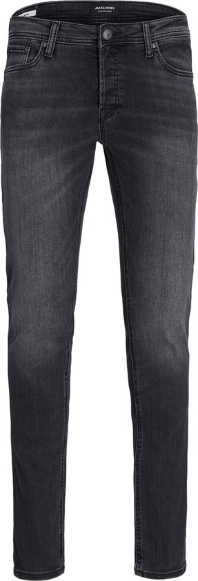 Donkergrijze jeans met slanke pasvorm, op zwarte achtergrond.
