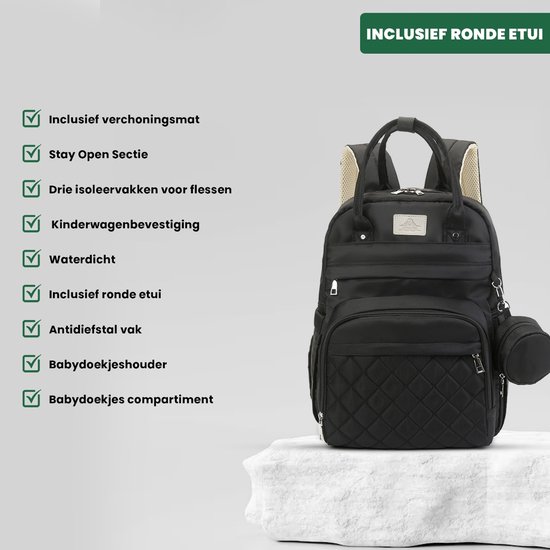 Luxegoed® Luiertas Rugzak met Verschoonmatje - Luiertassen - Rugtas - Zwart - Inclusief – Buggy /kinderwagenhaken, spenenetui en Isoleervak – Complete Set