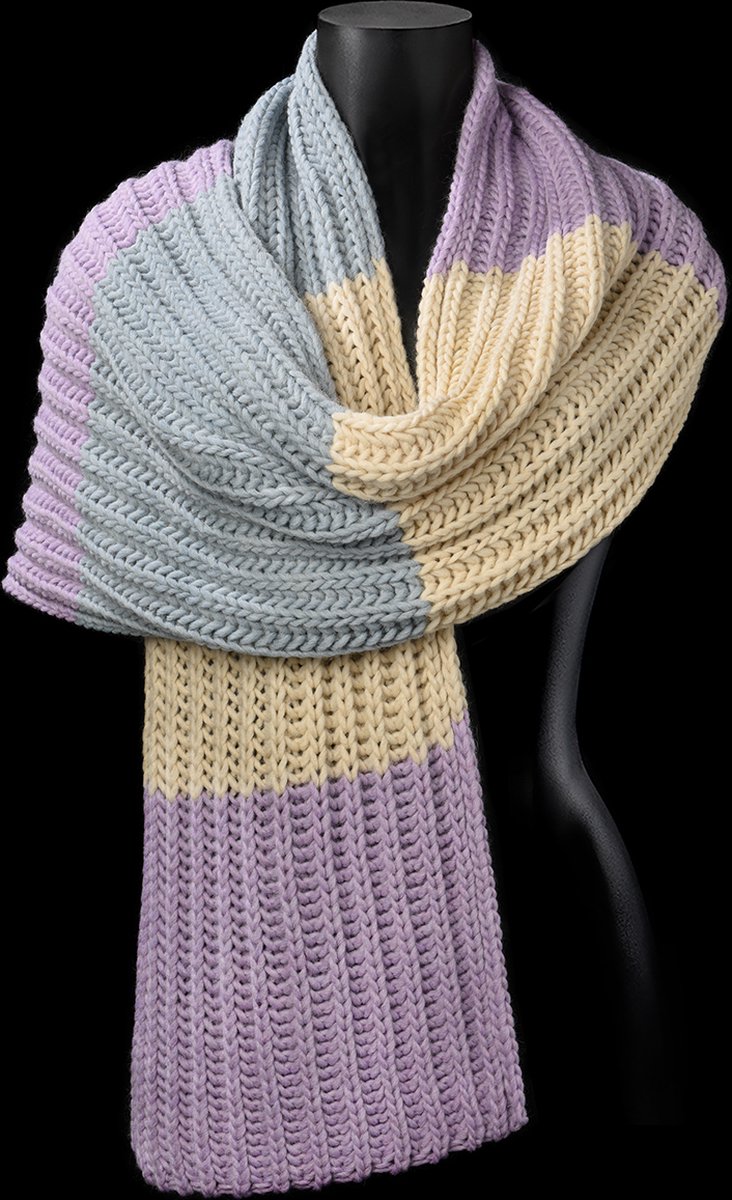 Zachte gebreide ribsjaal met colourblocks - langwerpig - wolmix - lila