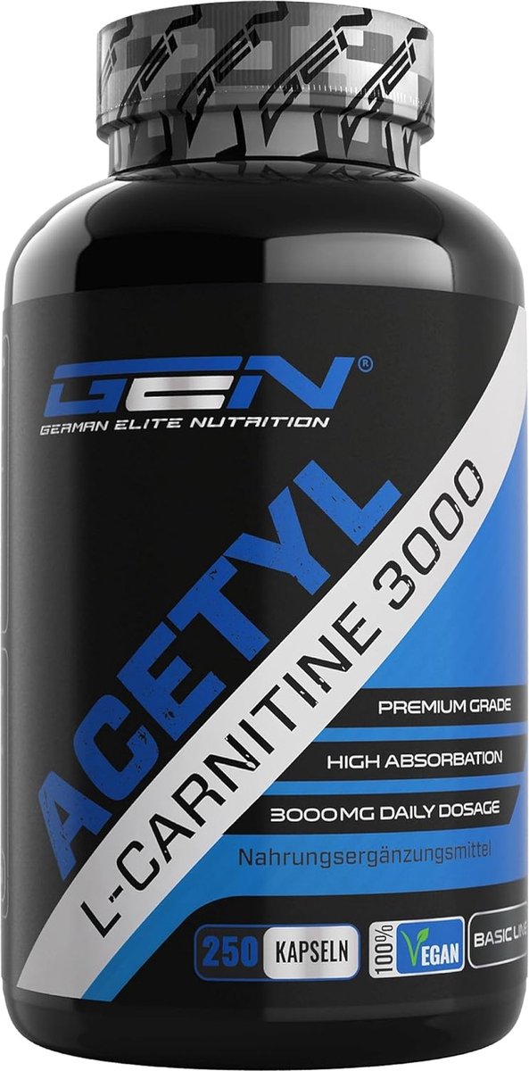 Goedkoopste Acetyl L-Carnitine 3000 - 250 Capsules - 3000 mg per dosering - extra sterk - 100 acetyl L-carnitine - sterke L-carnitine vorm - laboratoriumgeteste kwaliteit - vegan - German Elite Nutrition