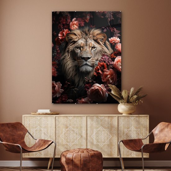 MuchoWow® Glasschilderij 90x120 cm - Schilderij acrylglas - Leeuw - Dier - Natuur - Botanisch - Bloemen - Roze - Foto op glas - Muurdecoratie woonkamer - Wanddecoratie slaapkamer - Schilderijen