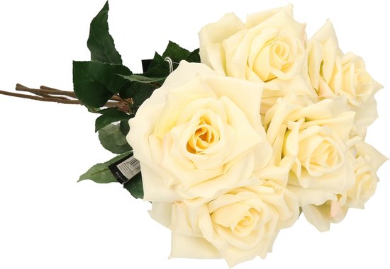 Emerald Kunstbloemen boeket roos Marleen - 8x - creme - 63 cm - decoratie bloemen