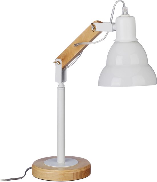 relaxdays tafellamp verstelbaar - leeslamp - glazen lampenkap - bureaulamp  - hout - wit | bol.com
