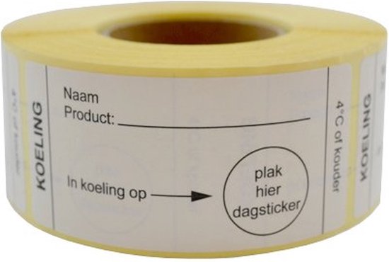 Rol met koel-etiketten. Tekst: "Naam Product: In koeling op plak hier dagsticker 4°C of kouder"