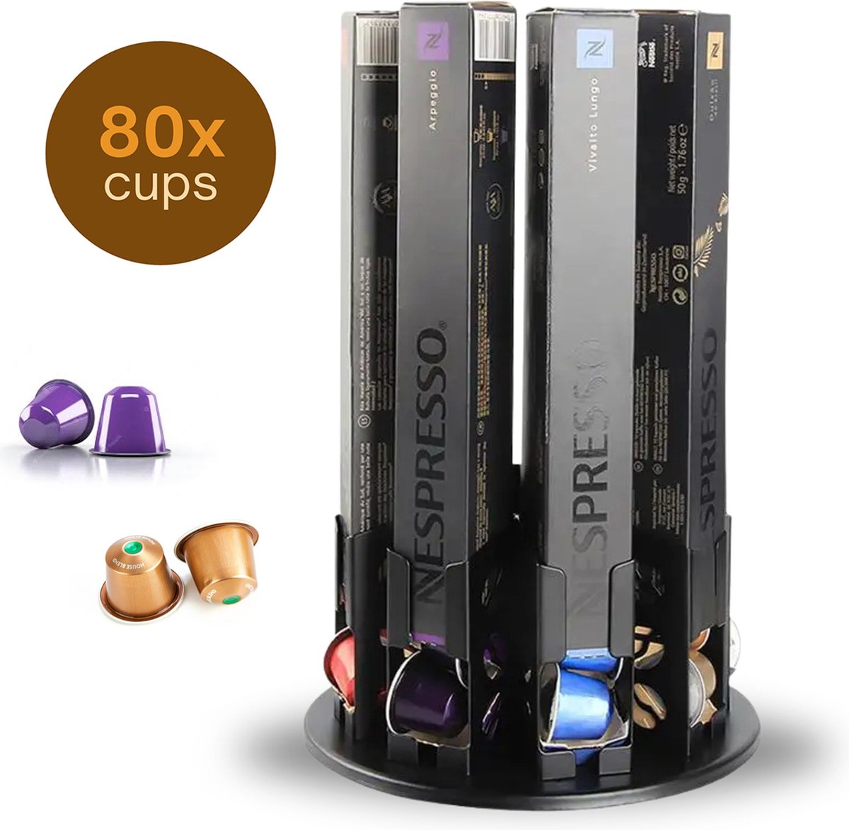 Boscer Capsule Houder Geschikt voor 80 Nespresso Cups Koffie & Espresso Houder 360° Draaibaar Antislip Capsulehouder Zwart