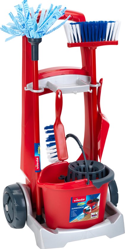 Klein Toys Vileda bezemwagen - vloerwisser, emmer met opzetstuk, bezem, stoffer en blik - kwalitatief hoogwaardig kunststof - rood blauw