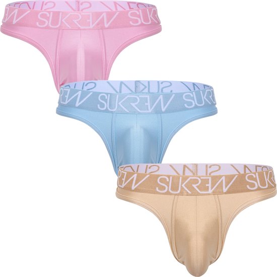 Sukrew Classic Thong Pearl Collection Multipack 1 x Soft Pink + 1 x Cool Blue + 1 x Gold Dust - Size XS - MAAT XS - Heren Ondergoed - String voor Man - Mannen String