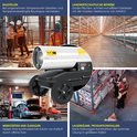 Mobiel diesel kachel in gebruik op bouwplaats, boerderij, werkplaats, magazijn. Drie mannen bij kachel in magazijn.