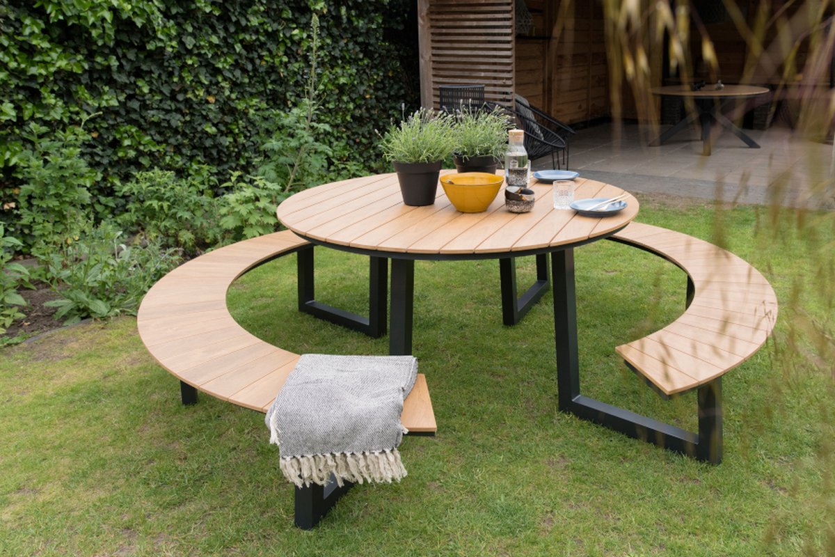 Rockwood® Picknicktafel Rockwood Aluminium Rond - Antraciet onderstel 1.40m Naturel