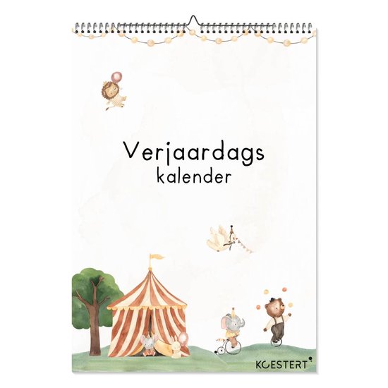 Verjaardagskalender A4 'Dierenvriendjes' van Koestert, met circus-thema en dierenillustraties.