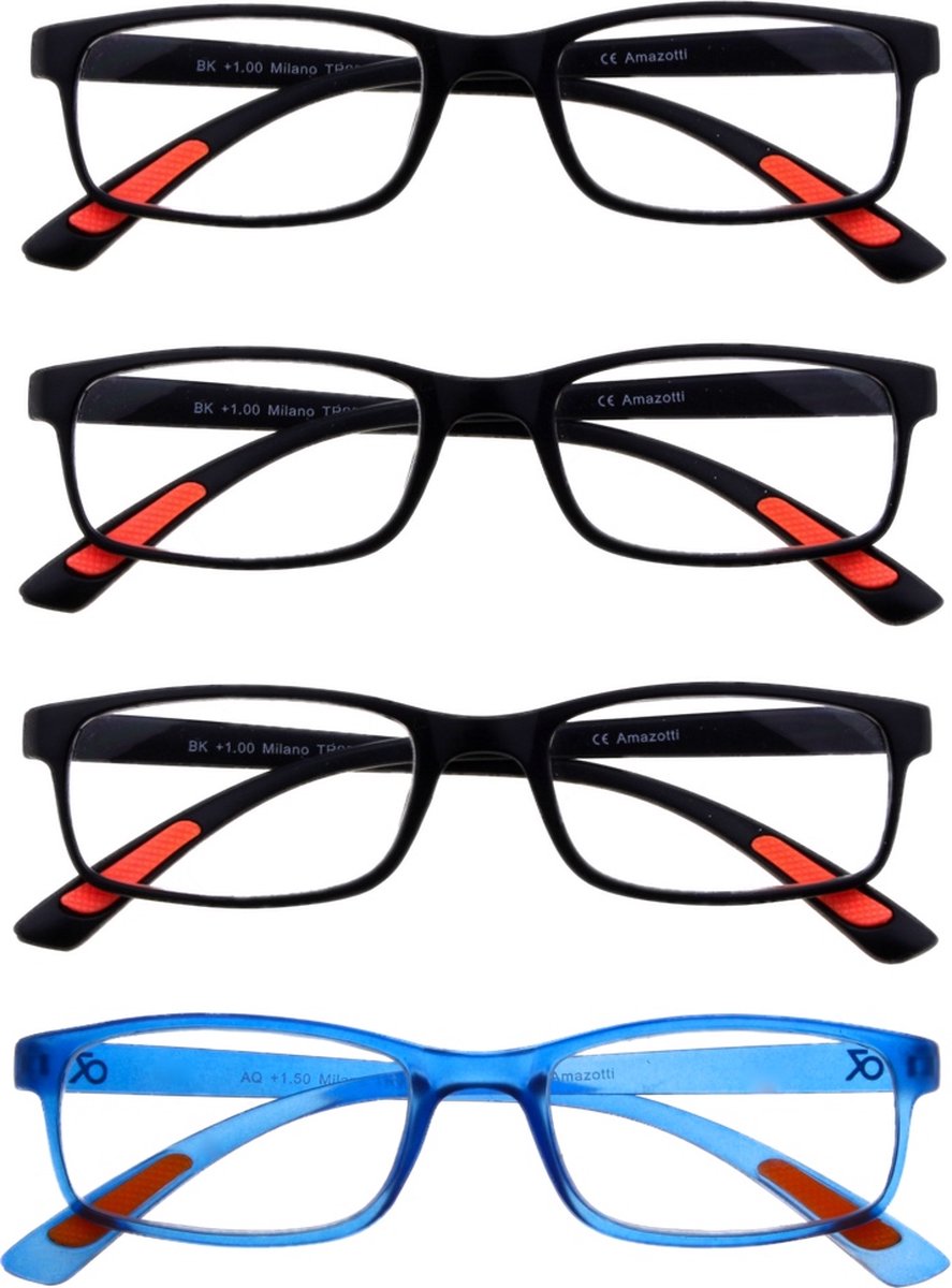 Amazotti Milano Leesbrillen Sterkte +1.25 - Set van 3+1 Extra - Zwart - Leesbril voor Heren en Dames