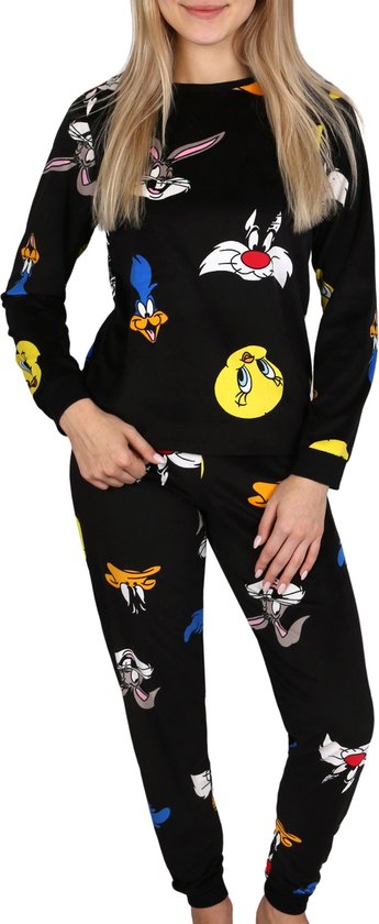Looney Tunes - Zwarte damespyjama, pyjama met lange mouwen, tweedelig, warm, gezellig