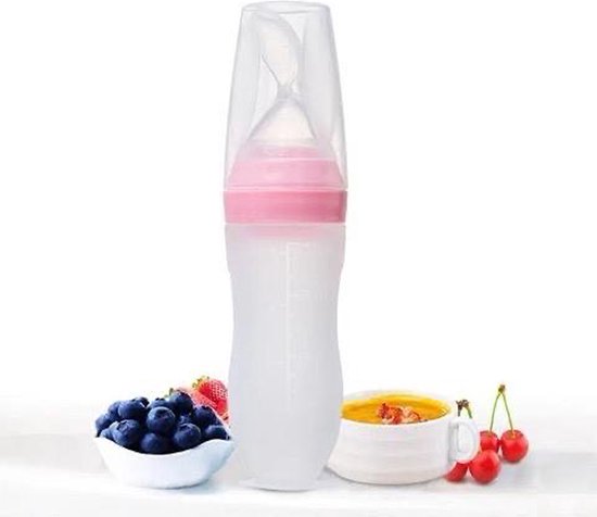 Life Nur - Biberon pressable avec cuillère - Couverts Bébé / Couverts pour enfants - Cadeau maternité - Baby shower - Rose - 120ml