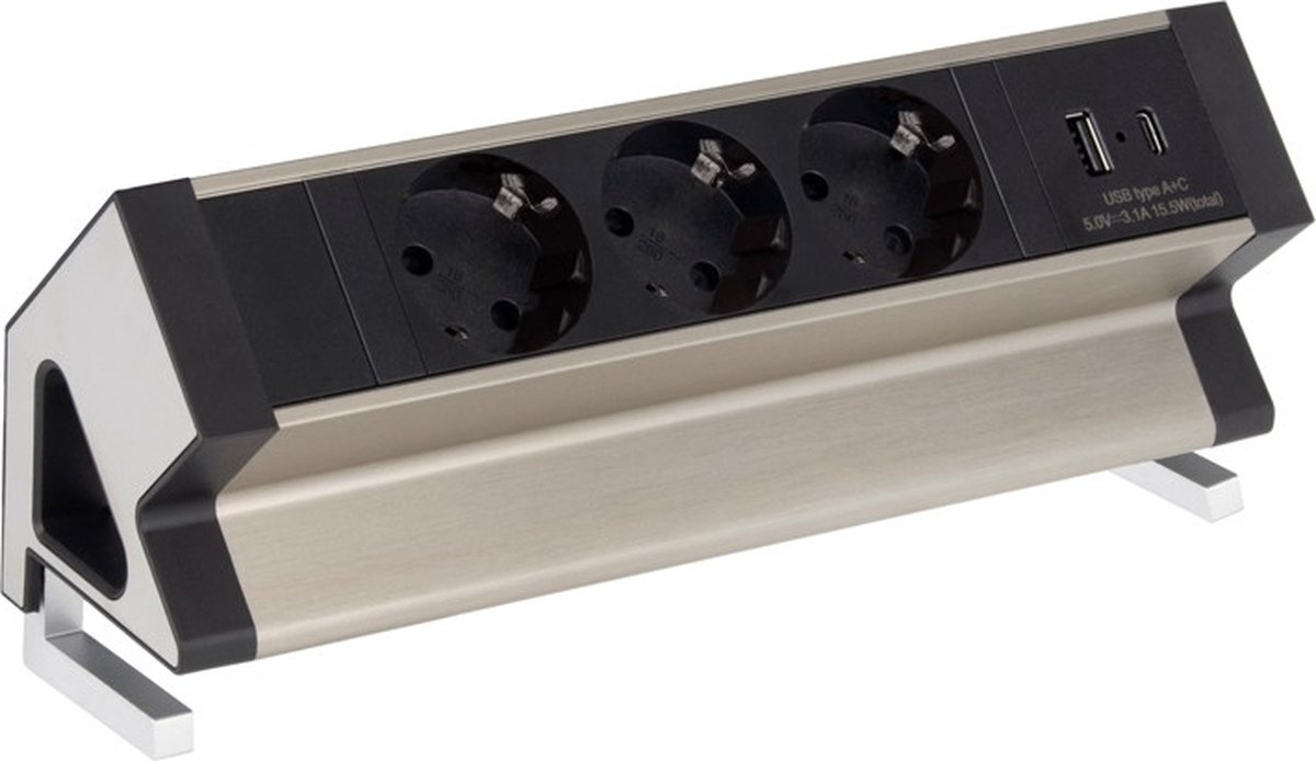 Design Light Bureau stekkerdoos met usb (USB-A & USB-C) Stopcontact splitter Verdeelstekker horizontaal IP20 Verdeeldoos met snoer Zilver