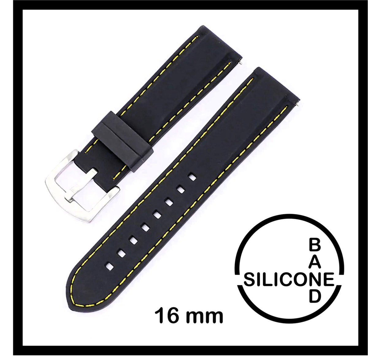 16mm Rubber Siliconen horlogeband zwart met gele stiksels passend op o.a Casio Seiko Citizen en alle andere merken - 16 mm Bandje - Horlogebandje horlogeband