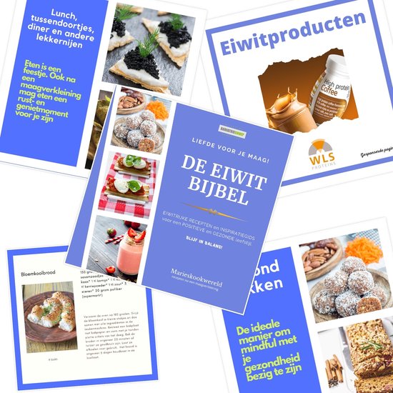Een collage van foto's uit een receptenboek met de titel 'De Eiwitbijbel'. Te zien zijn hapjes, eiwitproducten, een smoothie, energierepen en bloemkoolbrood.