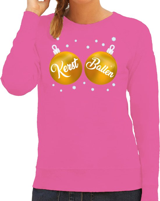 Bellatio Decorations Wrong Pull de Noël/Pull Dames - Boules de Noël - Rose - Boules dorées - Boule de Noël XL