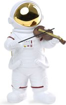 BRUBAKER Decoratieve figuur astronaut violist - 20 cm ruimtefiguur met viool en verchroomde helm - handbeschilderd modern ruimtevaartbeeld voor muzikanten - wit en goud