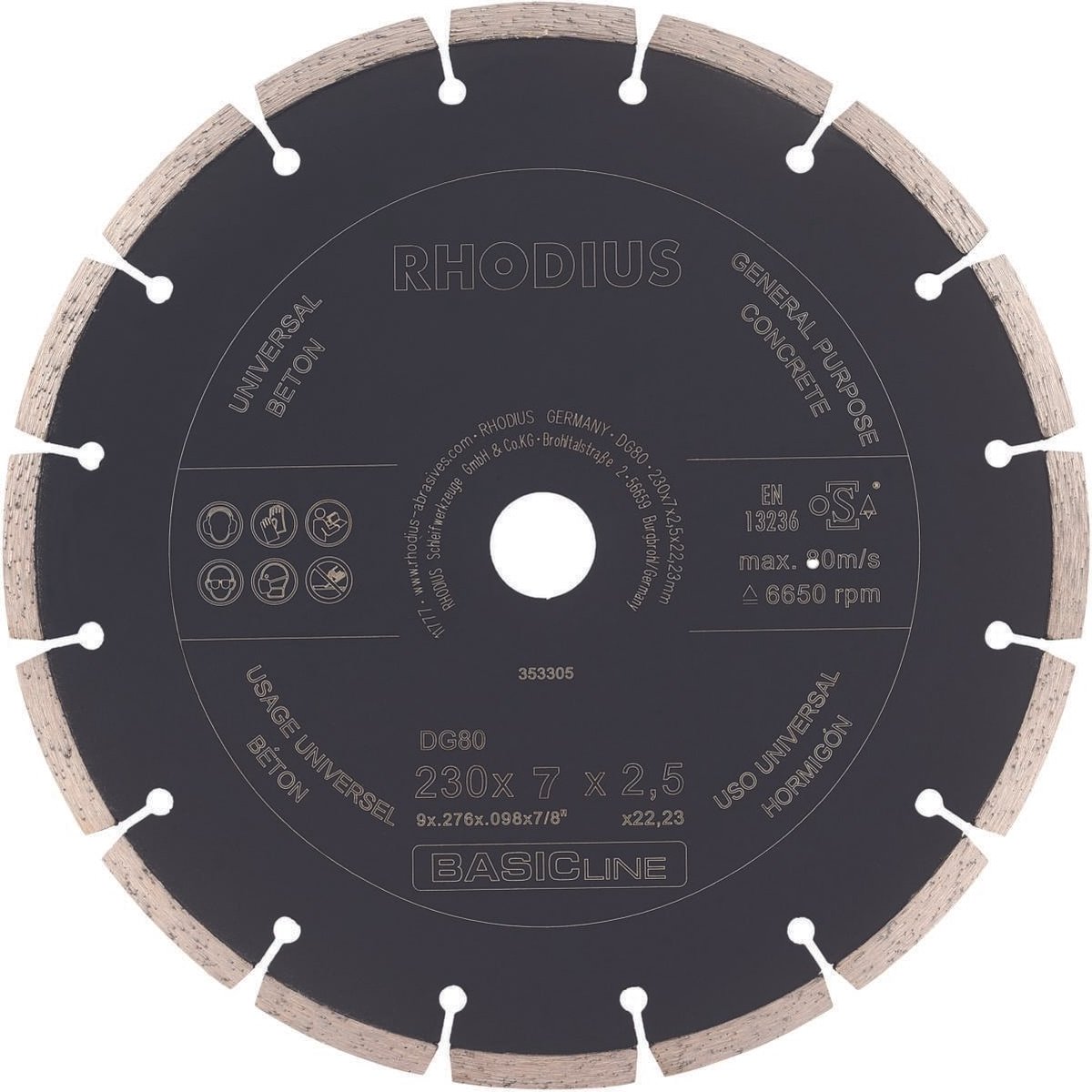 Rhodius Diamantzaagblad beton DG80 CONCRETE, 230 x 7 x 2,5 x 22,23 mm