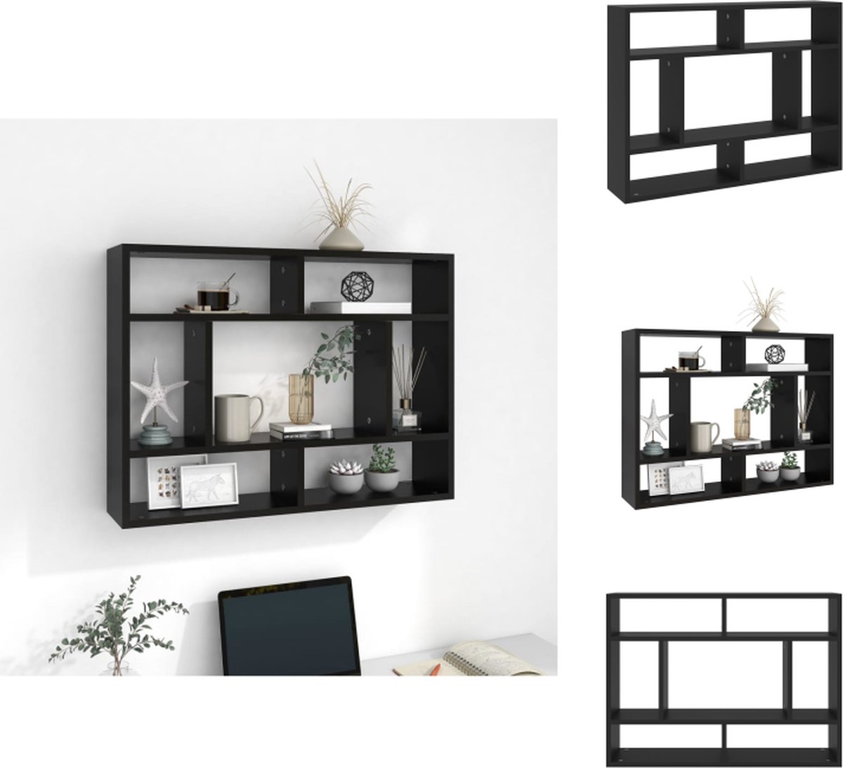 VidaXL Wandschap Open Vakken 75x16x55 cm Zwart Spaanplaat Wandsteun