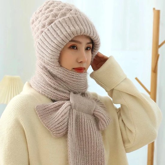 Without Lemon - 2-in-1 Winter Warm Gebreid Muts Sjaal - One Size - Beige