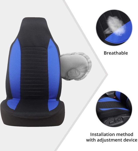 Zwarte autostoelhoes met blauwe accenten, links een illustratie van ademend materiaal.