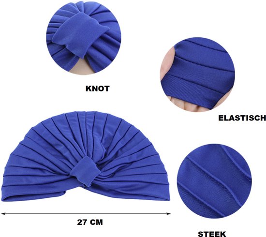 Korenbloemblauw gedrapeerde tulband met knoop, elastische stof, 27 cm breed.