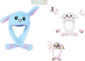 Happy - Bunny Hat 2 Stuks Roze en Blauw - Muts Met Oorflappen - Muts met Oren - Kawaii Konijn Muts met licht functie led - Bewegende oren - lucht