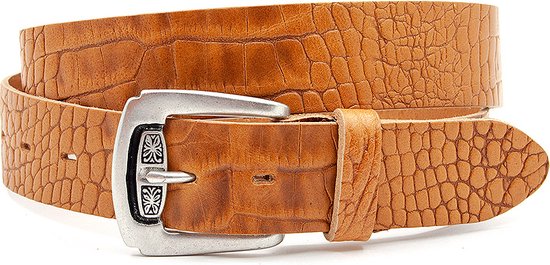 Thimbly Belts Ceinture jeans couleur Cognac croco - ceinture homme et femme - 4 cm de large - Cognac - Cuir véritable fleur - Tour de taille : 90 cm - Longueur totale de la ceinture : 105 cm