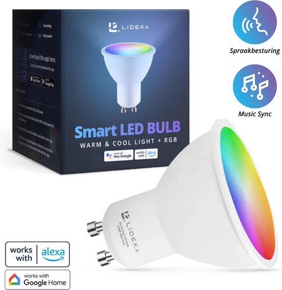 Lideka® - Slimme LED Smart Lampen - Spot GU10 - RGBW - met App - 6W - 400 Lumen - 2700K - 6500K - Smart LED Verlichting - Dimbaar - Google, Alexa en Siri