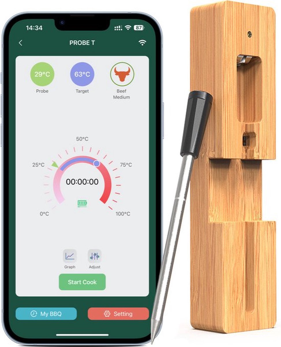 Celuxer™ Vleesthermometer Draadloos met App - BBQ Thermometer met Bluetooth - Oventhermometer - BBQ accesoires - Zwart - celuxer™