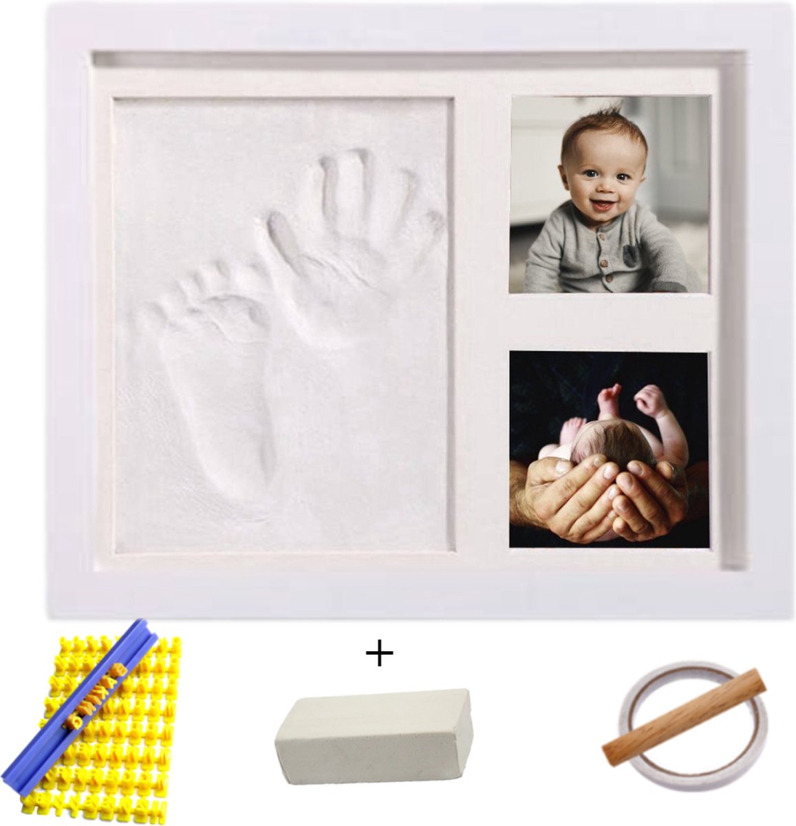 Helofa Fotolijst met Klei Afdruk – Baby Hand en Voet – Wit Lijstje – Kraamcadeau en Babyshower – Gipsbuik - Helofa