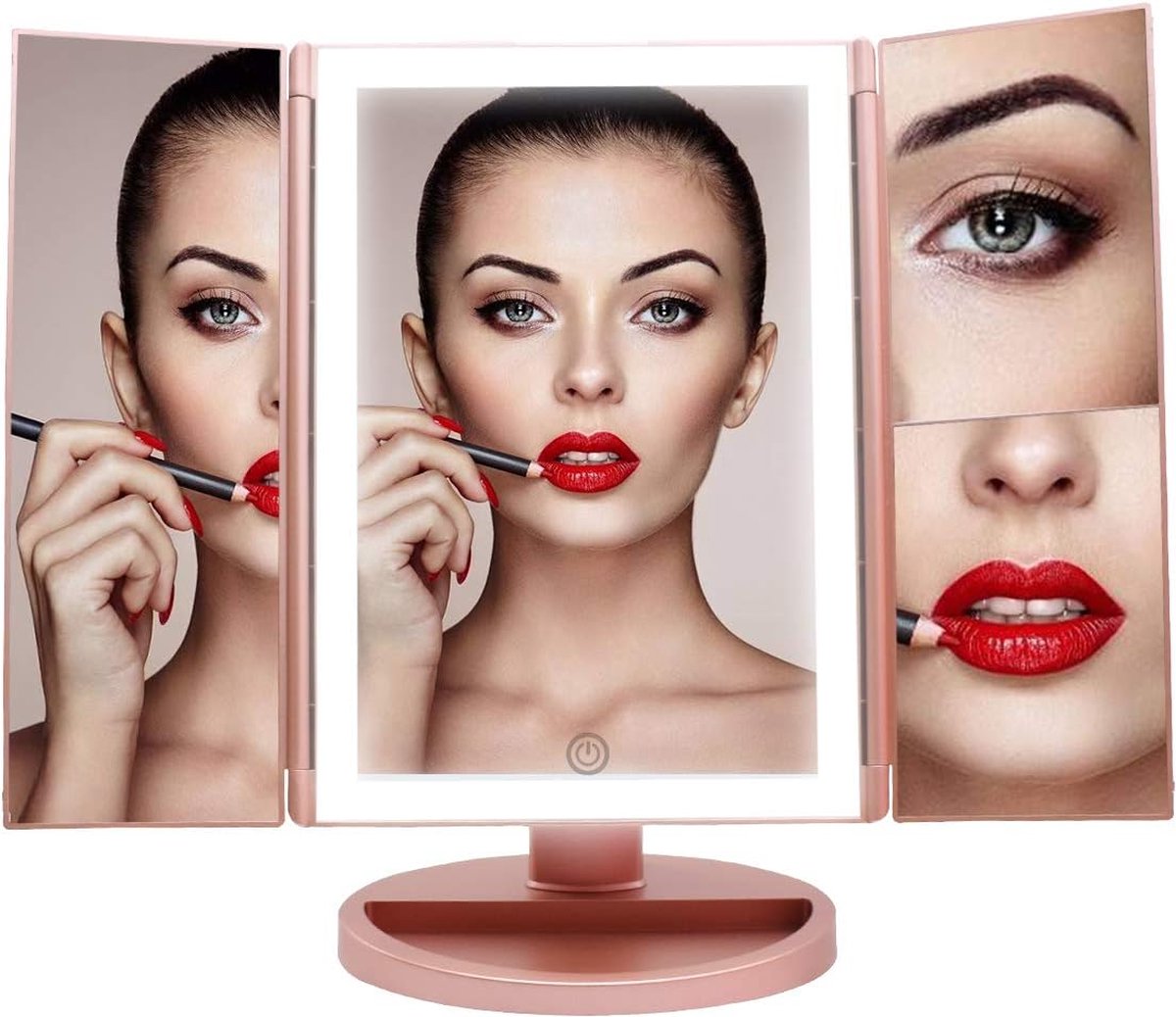 Merkloos Verlichte Make-upspiegel 1X 2X 3X Vergroting Drievoudig met 36 LED-lampjes Touchscreen en Opladen via USB 180 Graden Verstelbare Standaard voor Aanrecht Cosmetische Make-up Spiegel (Rose Goud)