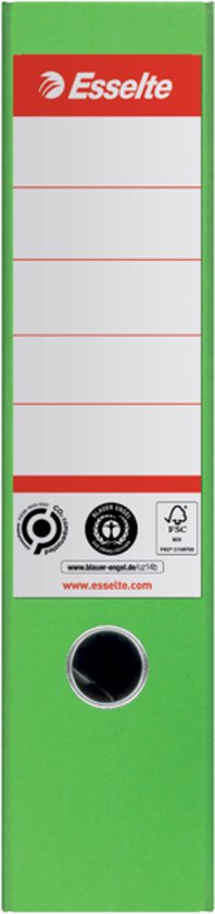 Esselte ordner, A4, groen, met labelruimte en FSC- en Blauer Engel-logo's.