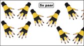 5x Paar handschoenen vingerloze geel/zwart - Carnaval Bezige bij Feest festival thema feest party optocht themafeest