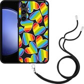 Cazy Hoesje met koord Zwart geschikt voor Samsung Galaxy S23 FE Regenboog Hartjes