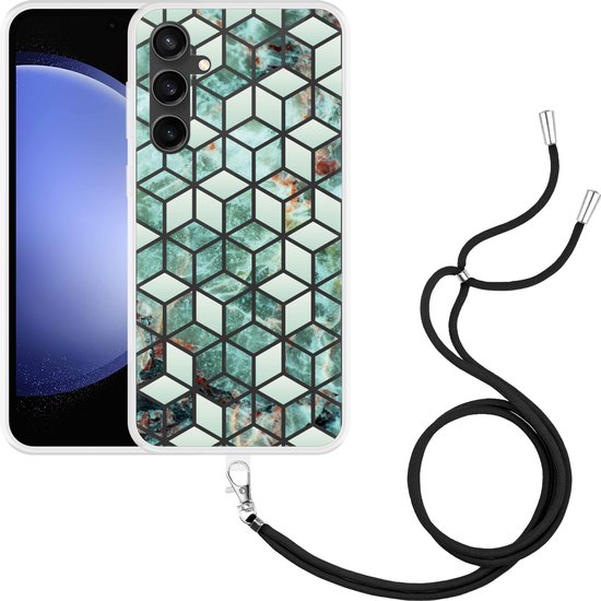 Foto: Cazy hoesje met koord geschikt voor samsung galaxy s23 fe groen hexagon marmer