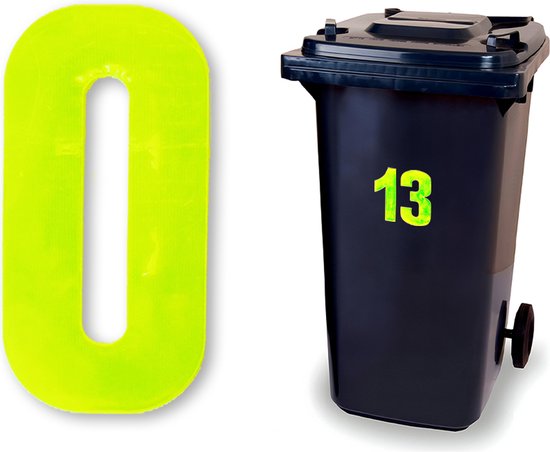 Gele cijfer 0 sticker naast zwarte afvalcontainer met gele cijfers 13