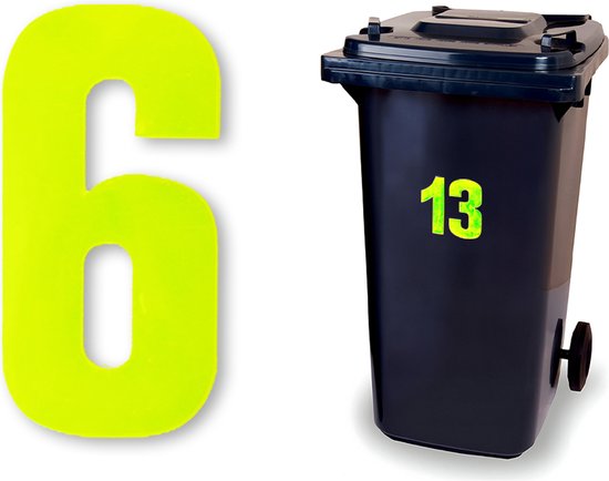 Neon geel cijfer 6 naast een donkere afvalbak met nummer 13.