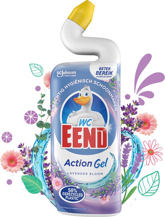 Een fles WC-Eend Action Gel Lavender Bloom met een kraanvogellogo, omringd door lavendel en bloemen.