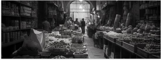 Poster (Mat) - Markt - Eten - Zwart - Wit - 60x20 cm Foto op Posterpapier met een Matte look