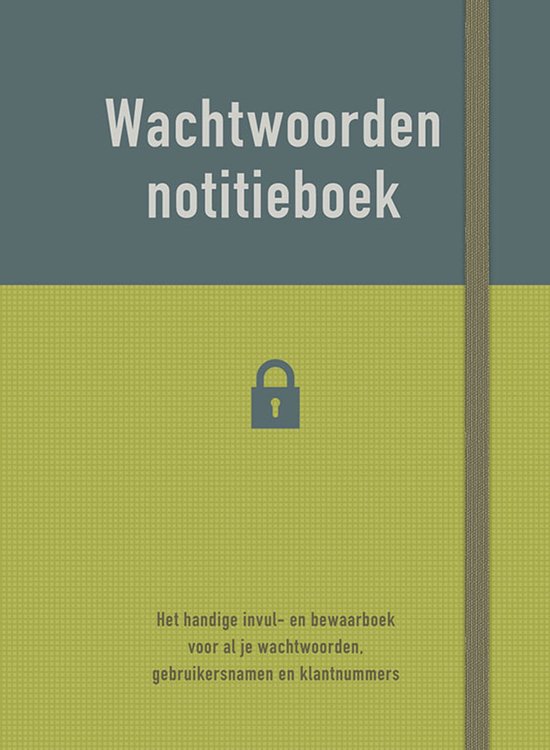 Wachtwoordennotitieboek met tweekleurige groen-blauwe kaft en slot-icoon in het midden.