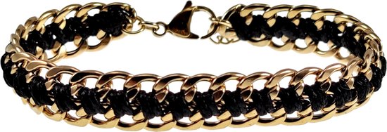 18cm tot 22cm Armband Dames - Breed - Verguld RVS - Cubaanse Schakelsarmband met Zwarte Koord - Verstelbaar