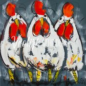 3 Verbaasde kippen | Vrolijk Schilderij | 80x80cm | Dikte 2 cm | Canvas schilderijen woonkamer | Wanddecoratie | Schilderij op canvas | Kunst | Corrie Leushuis