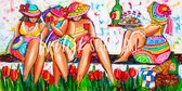 Dikke dames gezellige picknick | Vrolijk Schilderij | 100x50cm | Dikte 2 cm | Canvas schilderijen woonkamer | Wanddecoratie | Schilderij op canvas | Kunst | Corrie Leushuis
