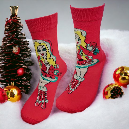 Kerstsokken - Kerstcadeau - Kerstvrouw sokken - Kado - Grappige sokken - Leuke sokken - Vrolijke sokken - Luckyday Socks - Rode sokken - Kerst Cadeau sokken - LuckyDay Socks - Socks waar je Happy van wordt - Maat 37-44
