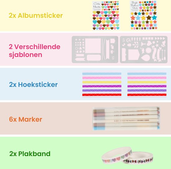 Een overzicht van knutselspullen voor een plakboek: stickers, sjablonen, hoekstickers, pennen en plakband.