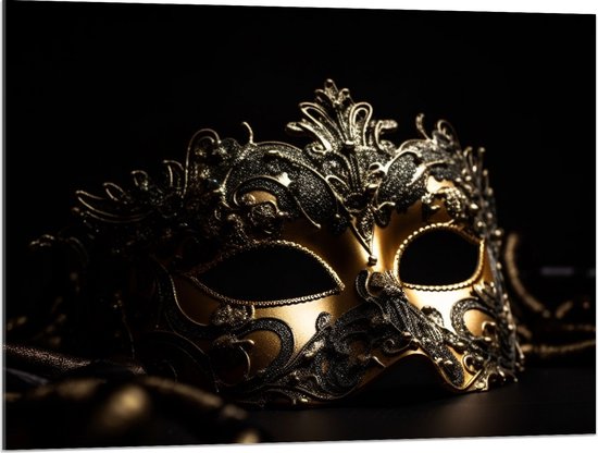 Acrylglas - Masker - Zwart - Goud - 100x75 cm Foto op Acrylglas (Wanddecoratie op Acrylaat)